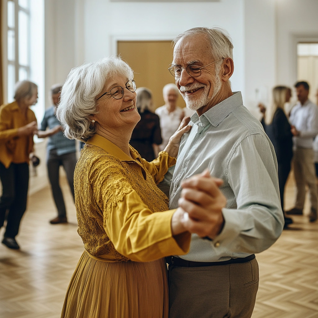 Пари пенсіонерів танцюють разом у великому залі