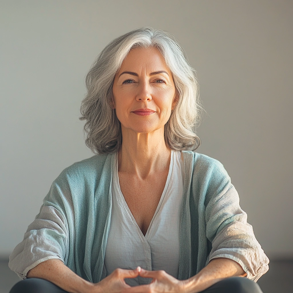 Старша жінка виконує м'яку позу йоги з опорою на стілець