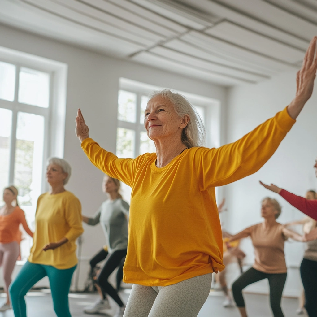 Група пенсіонерів займається гімнастикою під керівництвом тренера