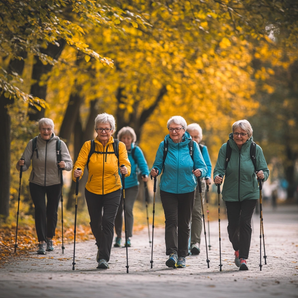 Пенсіонери займаються скандинавською ходьбою в парку